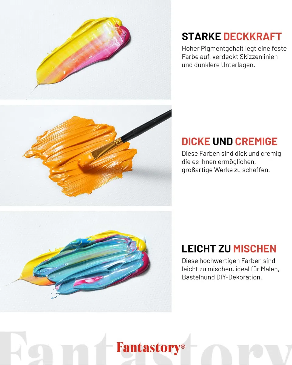 Fantastory Acrylfarben Set, 24 x 60 ml mit 16-teiligem Zubehör, hohe Deckkraft & wasserfest, Acrylic Paint Set für Leinwand, Holz, Steine & Basteln