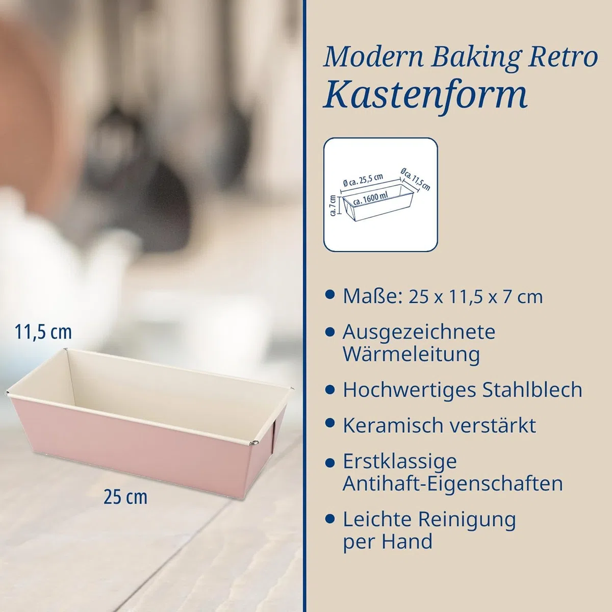 Dr. Oetker Kastenform 25 cm, Königskuchenform aus der Serie Modern Baking - Retro Design mit zweifarbiger, keramisch verstärkter Premium-Antihaftbeschichtung (Farbe: Rosa/Creme), Menge: 1 Stück