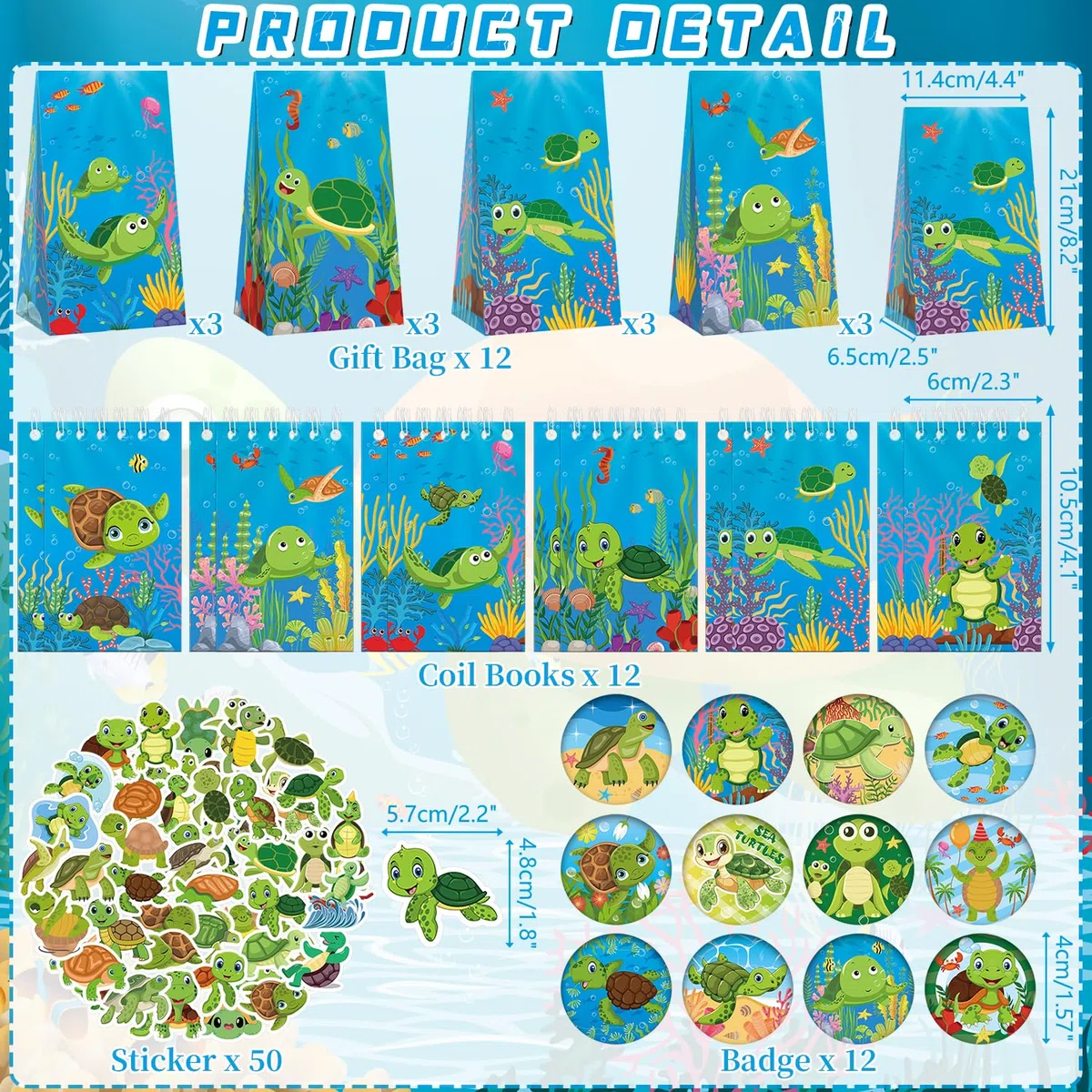 Turtle Party Favour Supplies einschließlich Schildkröte Geschenk-Taschen, Aufkleber, Abzeichen, Armbänder für Schildkröte Thema Geburtstagsparty