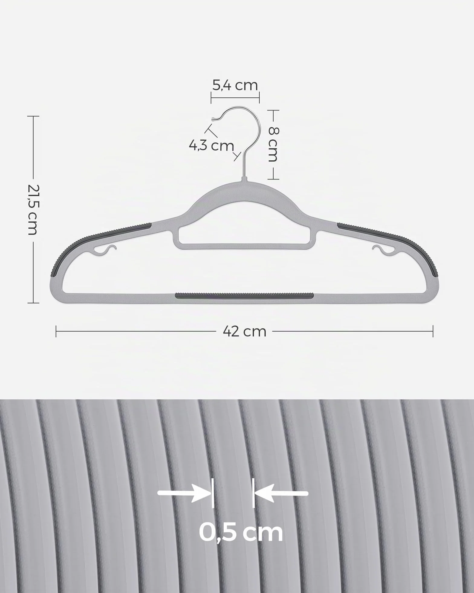 SONGMICS Kleiderbügel 30er Set, Bügel aus Kunststoff, rutschfest, platzsparend, Dicke 0,5 cm, 42 cm lang, um 360° drehbarer Haken in Silber, hellgrau-dunkelgrau CRP20G30