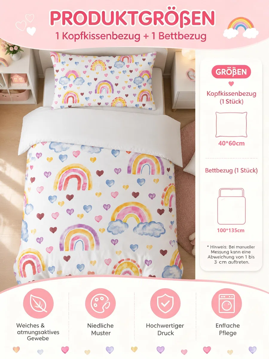 Regenbogen Bettwäsche 100x135 für Mädchen Kinder, Weich Mikrofaser Bettbezug Atmungsaktiv Kinderbettwäsche 100x135 mit Reißverschluss+40x60 Kissenbezüge