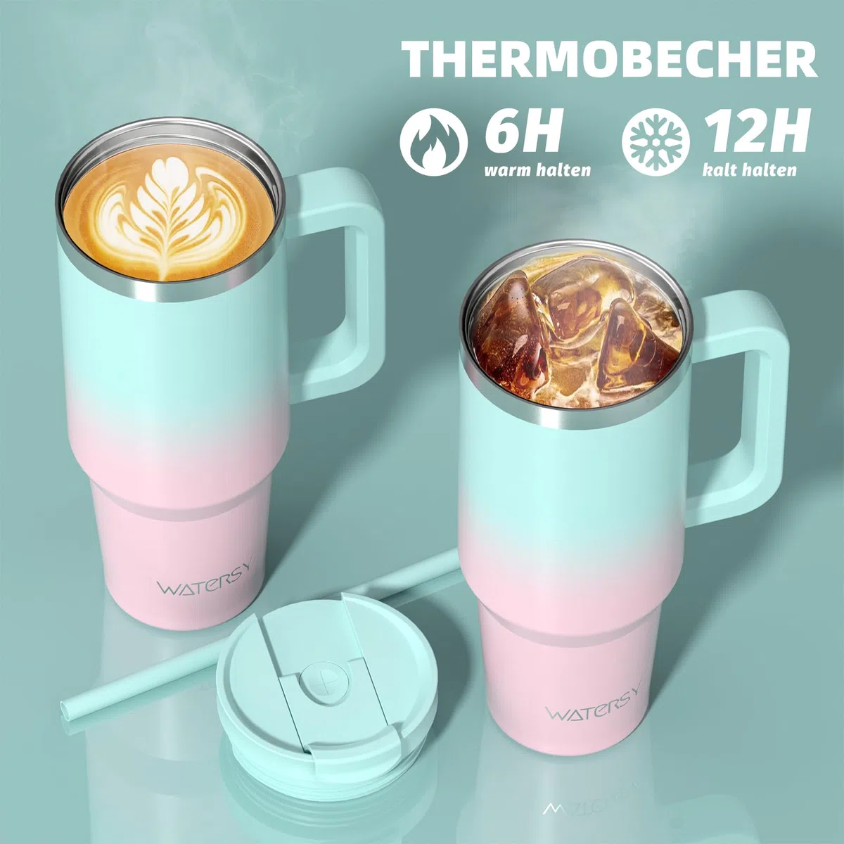 WATERSY 1.2L Thermobecher mit 2 Strohhalmen, Trinkbecher Auslaufsicherer Kaffeebecher To Go Vakuum-Isoliert mit BPA frei Schraubdeckel, Trinkflasche Kühlt 12 Stunden,Bonbonrosa