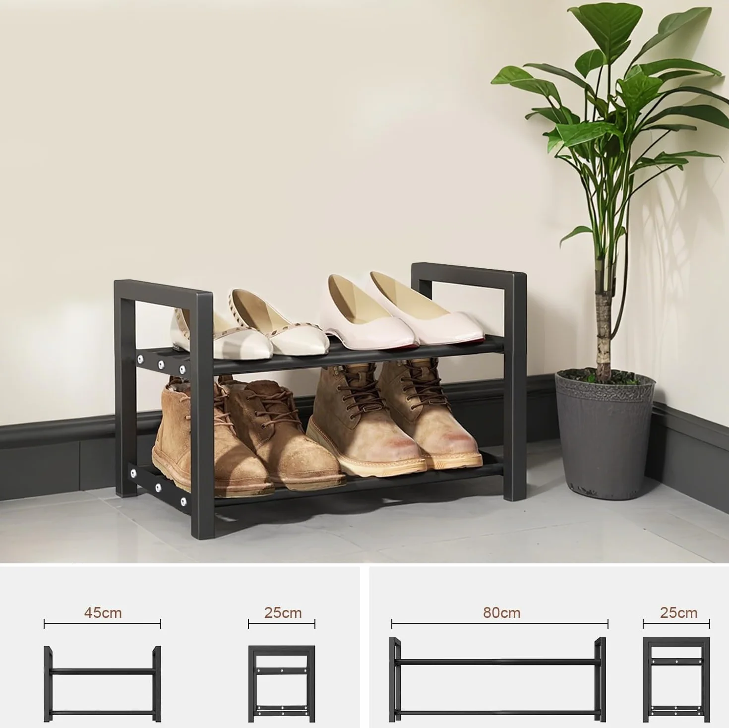 Expandable Schuhregal Schmal 2 Ebenen Adjustable Ausziehbar Klein Metall Schuhaufbewahrung 45 to 80cm, Schwarz Schuhregal Platzsparend für Diele, Flur DraußEn Outdoor Camping
