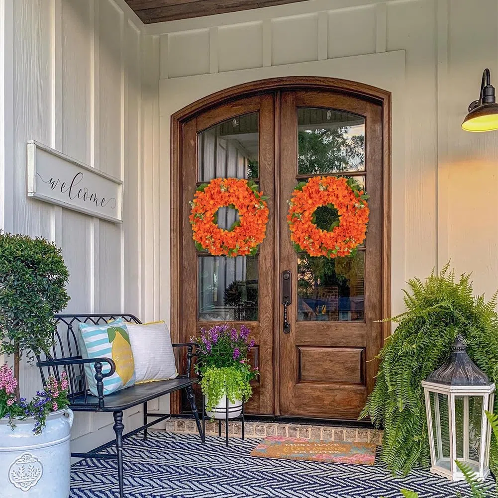 40cm Künstliche Hortensie Kranz Faux Blume Kranz, Faux Orange Hortensie Dekorativen Kranz für Haustür, Mantel, Wand, Bauernhof Dekor