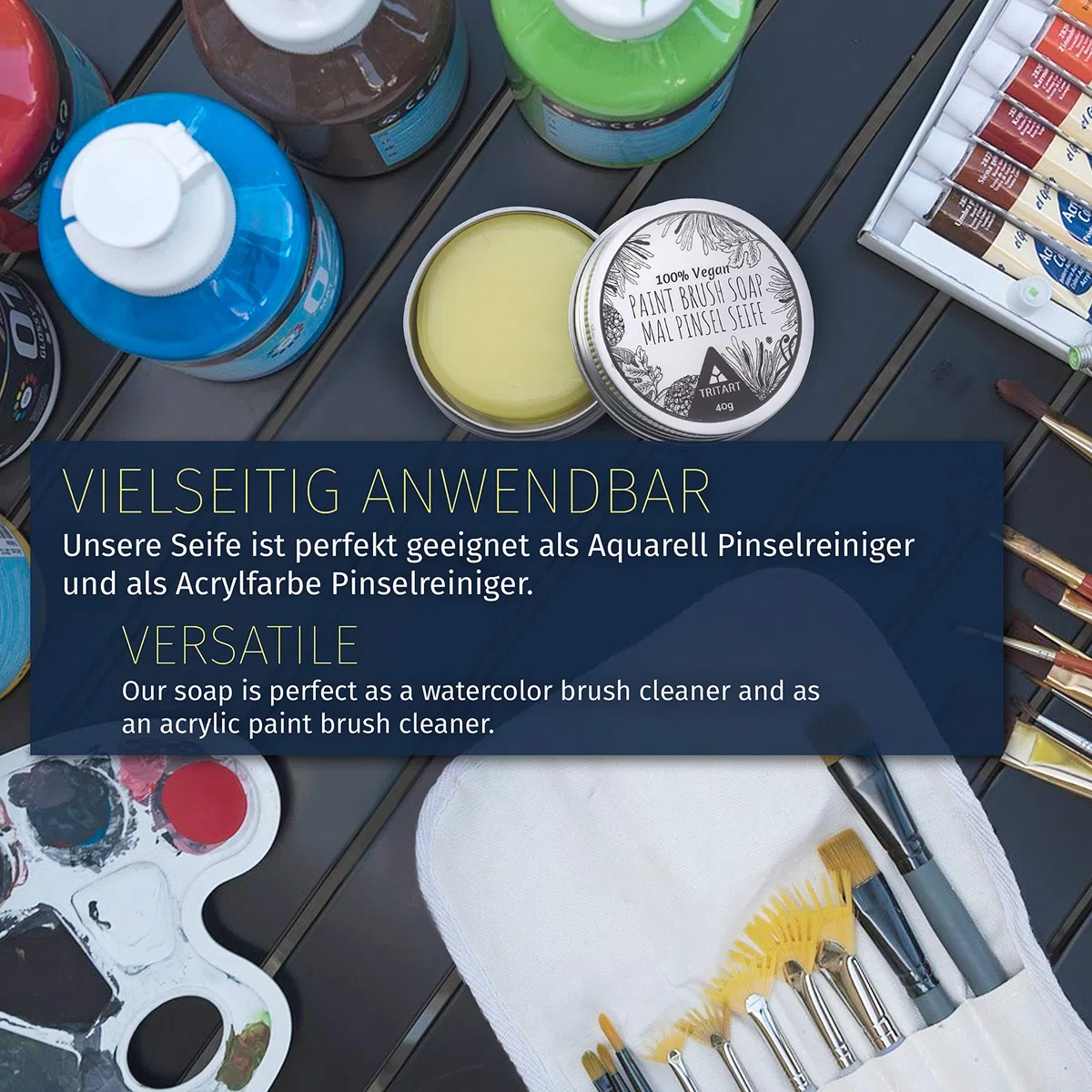Tritart Pinselseife Künstlerbedarf 40g - Pinselreiniger Acrylfarbe und Aquarell - Brush Soap Pinsel Seife - Malpinsel Reiniger Malen - Pinsel Reinigung - Pinselwascher vegan