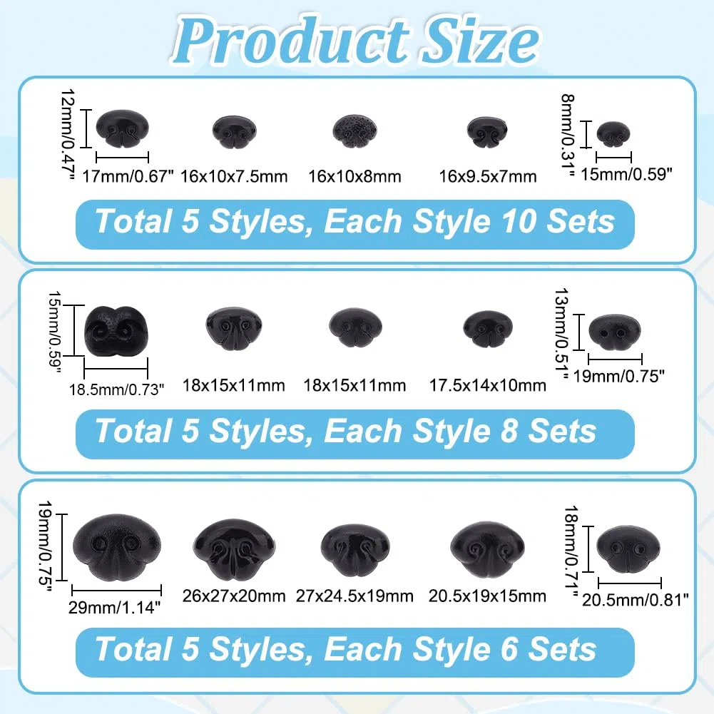 PH PandaHall 120 Stück Schwarze Kunststoffnasen, 15 Größen Sicherheitsnasen mit Abstandhalter Teddybär Nasen zum Basteln Häkeln und Basteln mit Kuscheltieren, Stift: 4.5mm~6.5mm