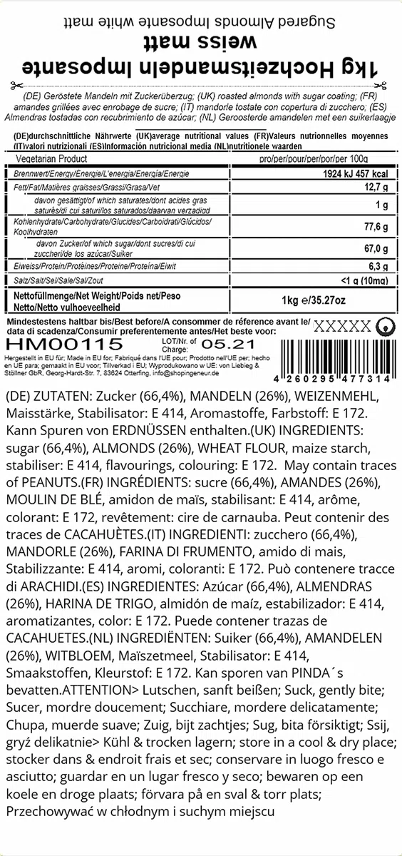 EinsSein 1kg Hochzeitsmandeln Imposante Weiß Matt | ca. 200 Stück Premium Zuckermandeln für Hochzeit Taufe & Gastgeschenke | Mandeln Bonboniere Confetti Badem Sekeri Taufmandeln