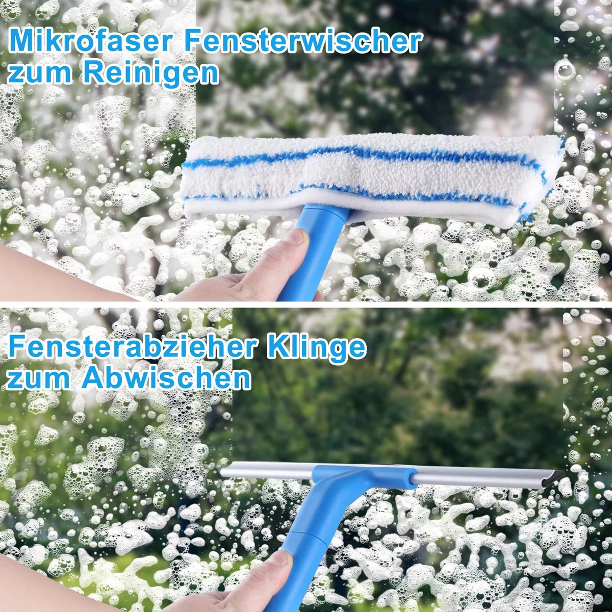Mitclear Fensterreiniger mit Teleskopstiel (146cm), Professioneller Fensterwischer mit Silikonabzieher & Mikrofaserschrubber, Fensterreinigungsset für Bad, Dusche, Glas, Spiegel, Auto