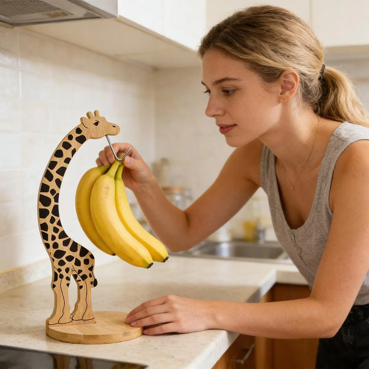 Bananenaufhänger, Giraffenform, -Organizer, Bananenregal mit stabilem Design, Obstaufbewahrungsständer mit Anti-Kipp-Basis, Küchentheke, Werkzeug, Bananenhalter für Zuhause, Küche