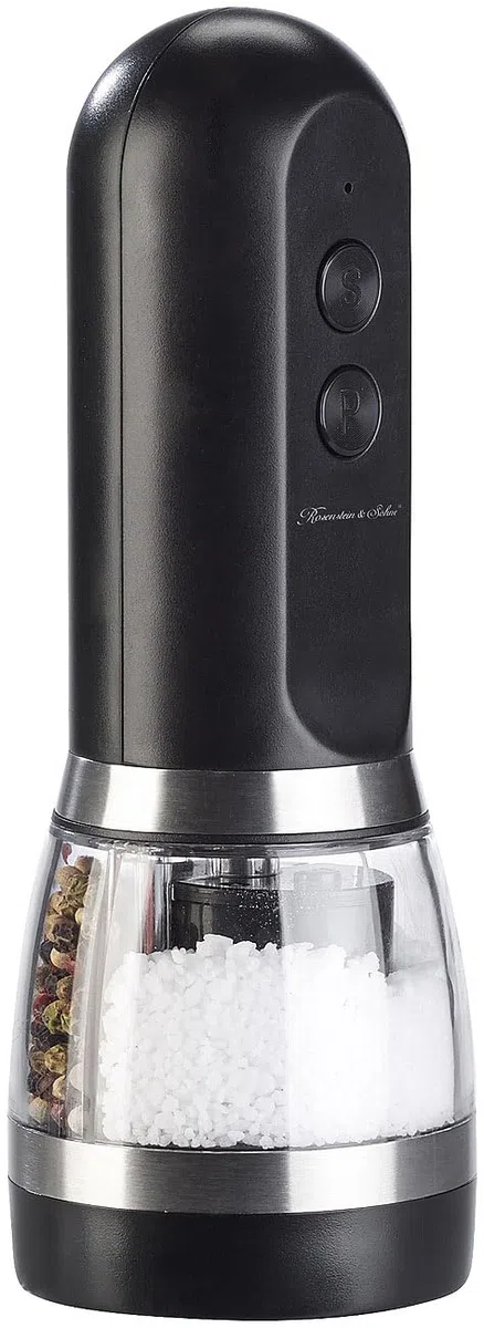 Rosenstein & Söhne Pfeffermühle USB: 2in1-Akku-Salz- & Pfeffermühle mit zwei getrennten Kammern, schwarz (elektrisch, Multifunktionelle Gewürzmühle, BBQ)