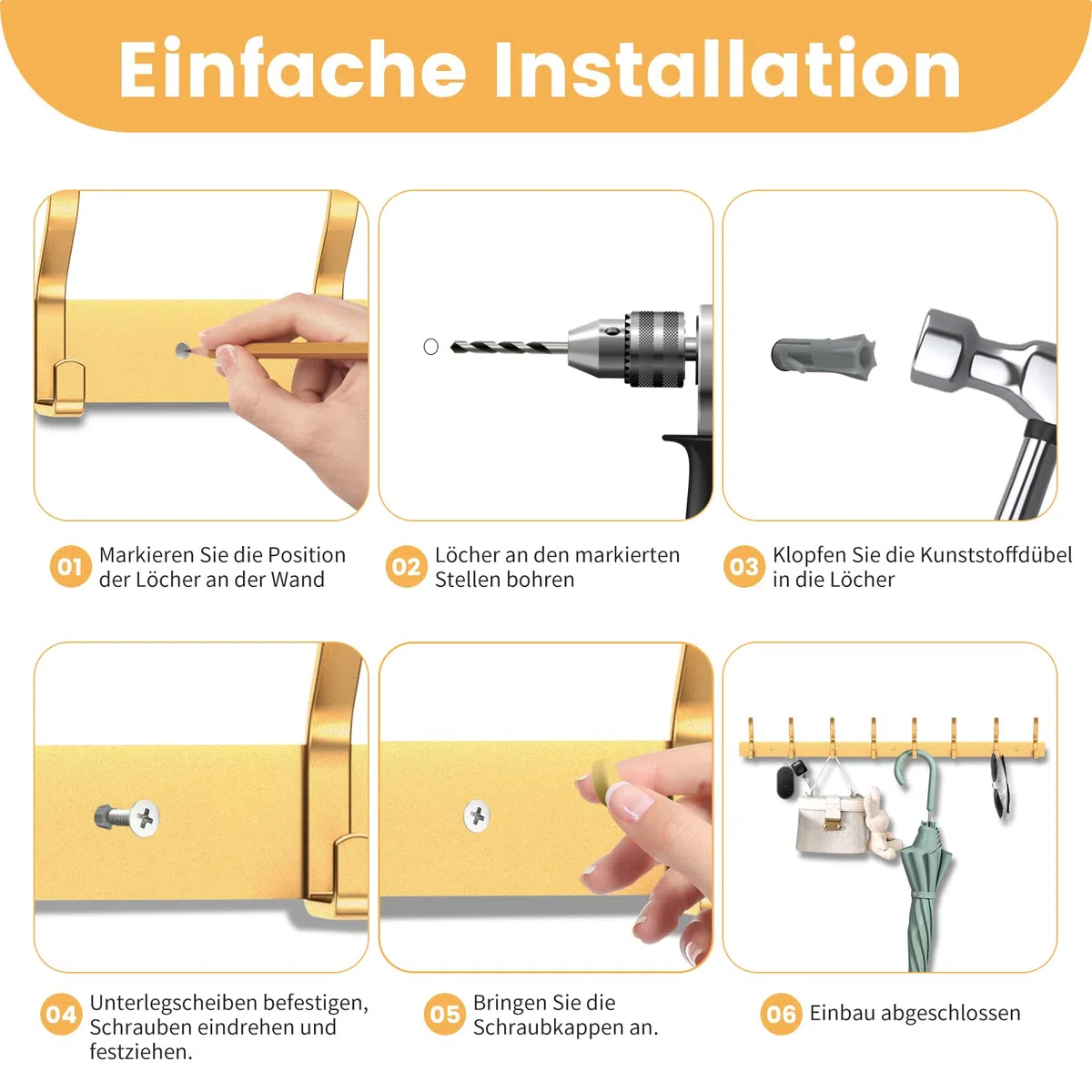 Garderobenhaken Edelstahl Garderobenleiste Gold Hakenleiste Garderobe Kleiderhaken Wand mit 6 Haken Wandhaken garderobe für Schlafzimmer Bad Küche Kleiderständer (Gold)
