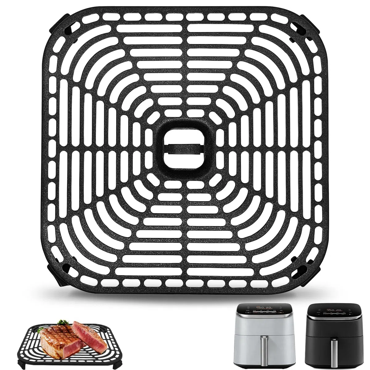 Fritteusen-Grillpfanne für COSORI Air Fryer TurboBlaze 6L Antihaft 22,6 x 22,6 cm quadratisches Grillrost-Ersatzteil inkl. Gummipuffern, spülmaschinengeeignet