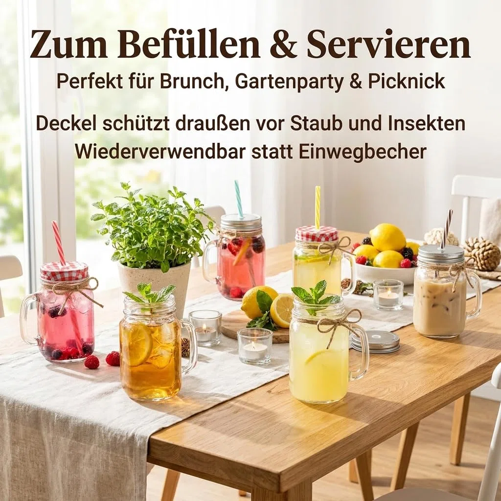 gouveo 6er Set Trinkglas 450 ml (0,45 l) mit Henkel und Schraubdeckel silberfarben + rot – Henkelglas mit Mehrweg-Trinkhalm aus Hartkunststoff für Garten, Bowle, Cocktails (TGH450SR)