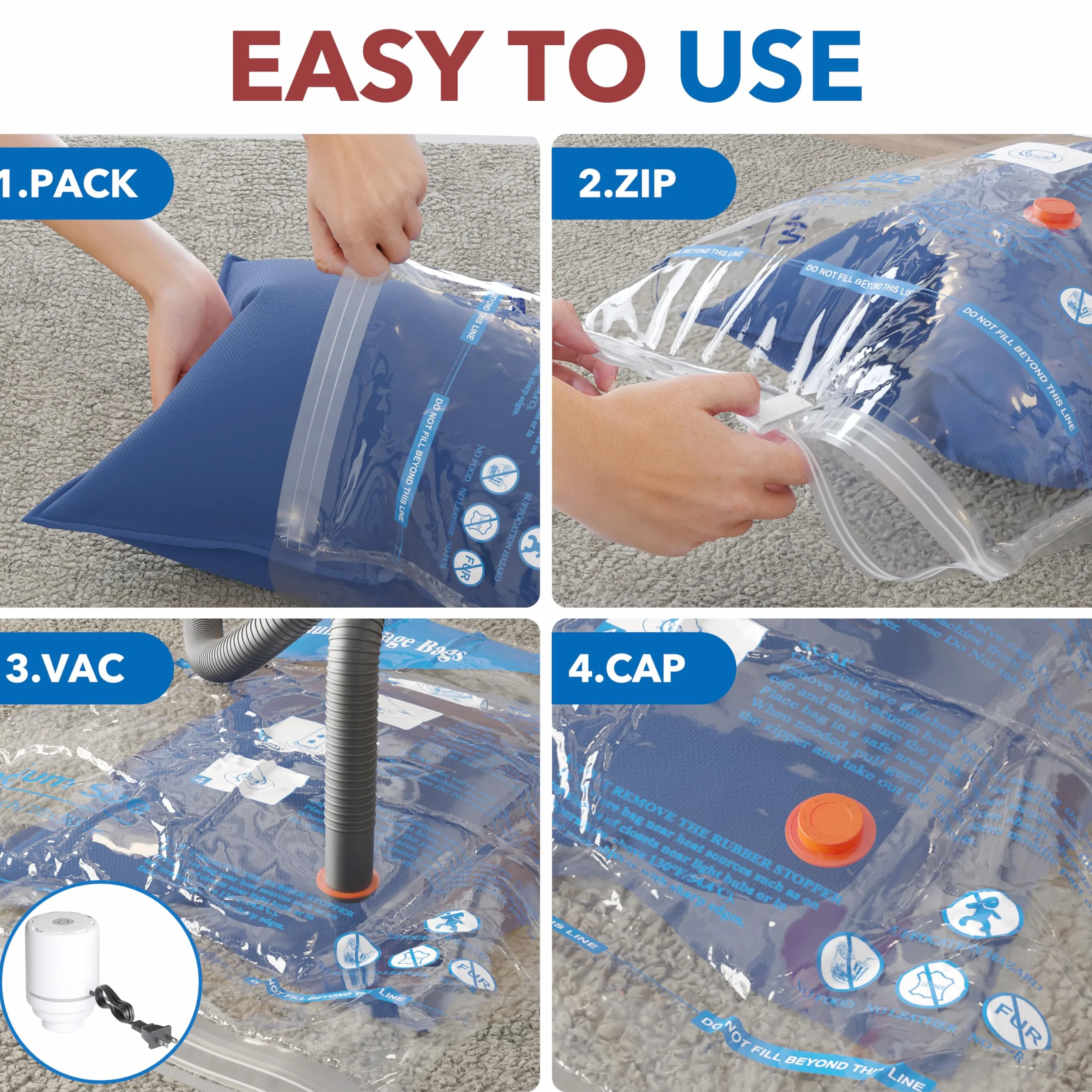 MEIQIHOME 16er Set Vakuumbeutel mit Elektrischer Pumpe – 4J/4L/4M/4S – Kompressionsbeutel für Kleidung, ideal für Umzug, Reise, Lagerung