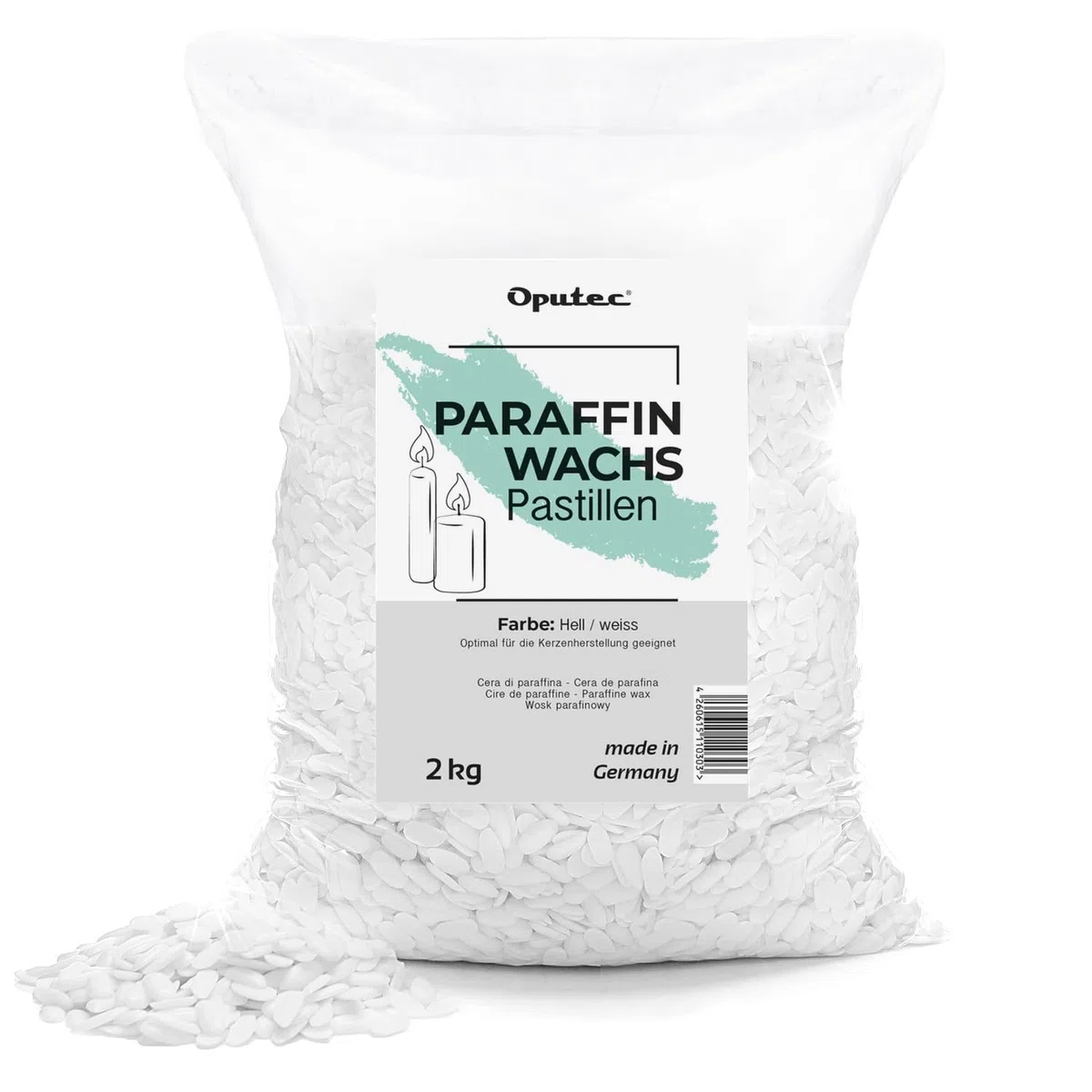 Oputec 2KG Paraffinwachs Pastillen für Kerzen: Weißes Kerzenwachs - Kerzen selber Machen - Kerzenwachs zum Gießen - Eigene Kerzen herstellen und nachfüllen - Made in Germany
