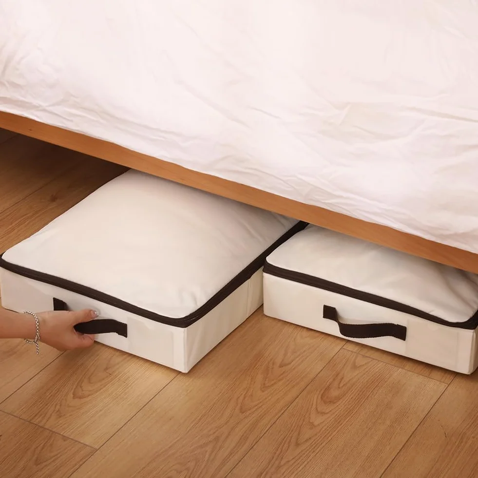 iwill CREATE PRO 75 * 38 * 10 cm, Starre Aufbewahrungsbehälter für Kleidungsstücke unter dem Bett, zusammenklappbar und waschbar, weicher Reißverschlussdeckel, Beige