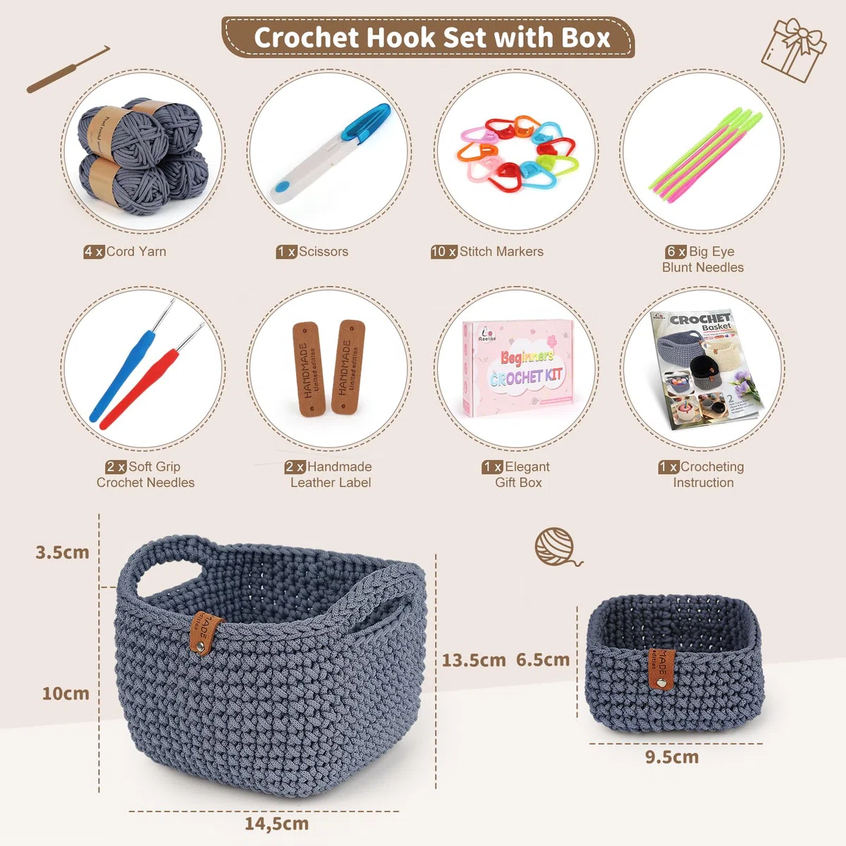 Aeelike 2Pcs Square Häkelkorb Häkelset für Anfänger, Starter Häkelset mit Häkelnadeln 4,5mm 4,0mm, 4 Häkelgarn, Zubehör, Praktisch Häkeln Set Häkelpaket mit 3-Sprachen-Anleitung, Dunkelgrau