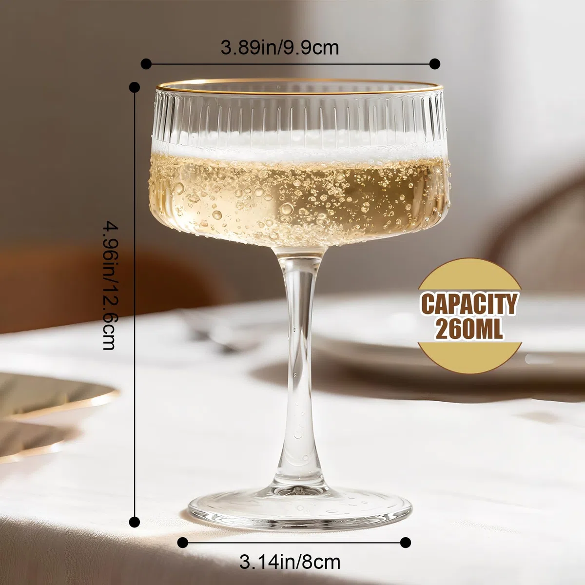 Sektschalen 4er Set,260 ml Champagnerschalen mit Goldrand,Vintage Coupe Gläser aus bleifreiem Glas für Champagner,Sekt,Prosecco und Cocktails,Geriffelte Cocktailgläser