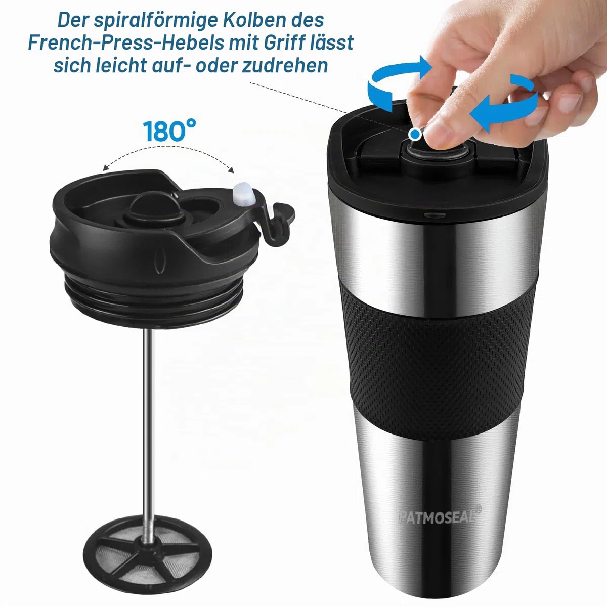 French Press Thermobecher 450 ml – Isolierter Reisebecher mit Edelstahlfilter, auslaufsicher, doppelwandig – Kaffeebereiter To Go für Büro, Pendeln, Reisen & Camping