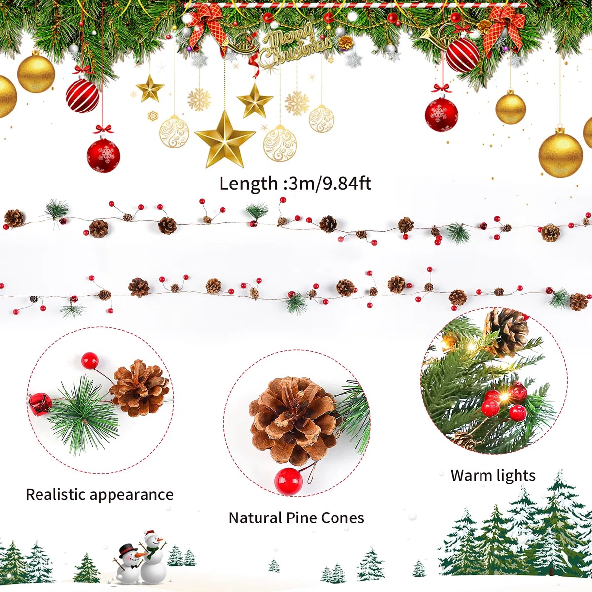 3M Weihnachtsgirlande Dekoration Tannengirlande mit Tannenzapfen Rote Glocken Rote Beeren, Kieferngirlande für Baum Mantel Kamin Geländer Treppen Geländer Tür Dekoration Winter Innen Außen Deko