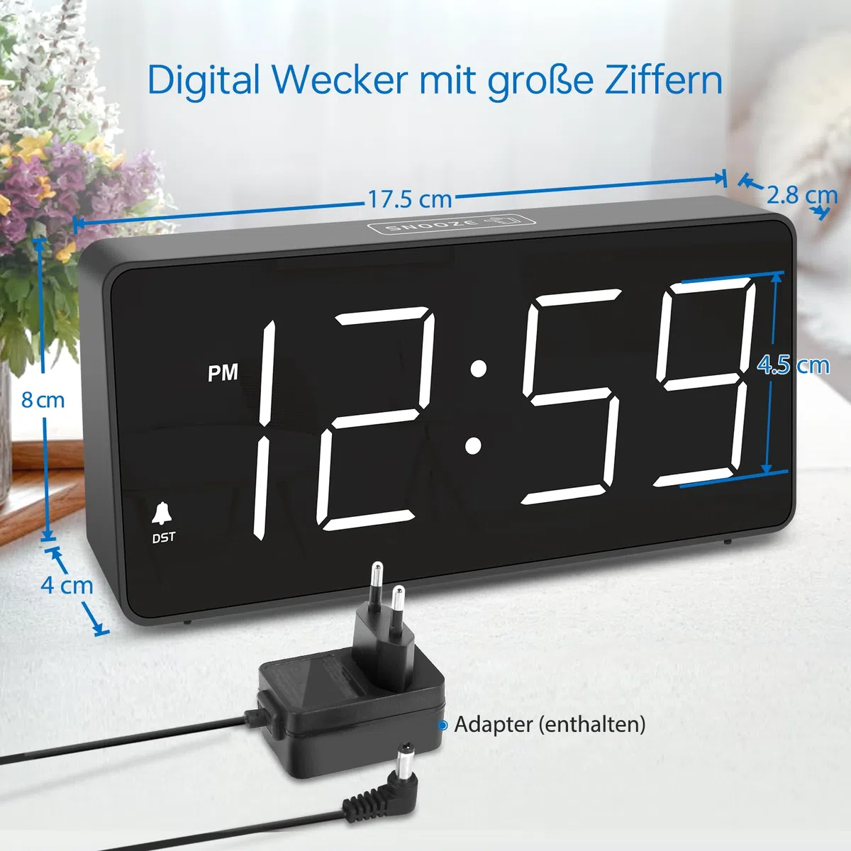 Eachui LED Wecker Digital mit Großen Zahlen, Wecker mit Ladestation, Helligkeit und Lautstärke Regelbar, Snooze, 12/24HR, Digital Uhr Netzbetrieben