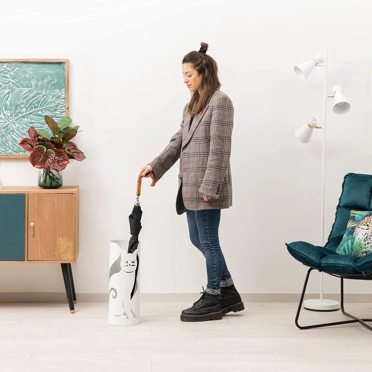 Baroni Home Schirmständer Modernes Design Regenschirmhalter aus Metall mit weißer Katze mit 2 Haken und Abnehmbarer Regenschutz, Ø 18 x 49 cm (Weiß)