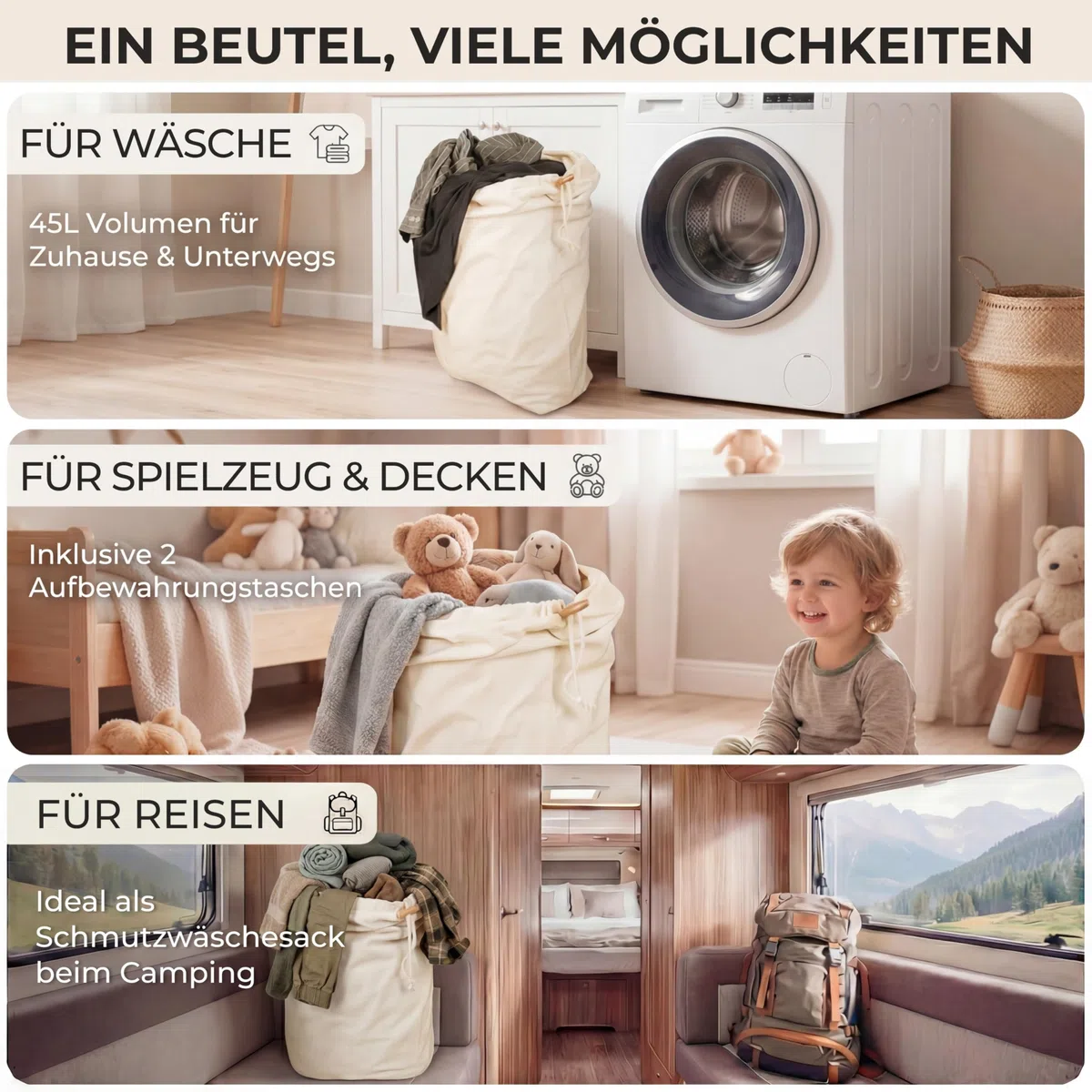 Wäschesack, 2er Set 50 x 70 cm - Strapazierfähige 45l Wäschebeutel Reise, 100% Baumwolle [Öko-Tex zertifiziert], Wäschesäcke, Stoffbeutel Groß, Laundry Bag, Schmutzwäschebeutel Reise