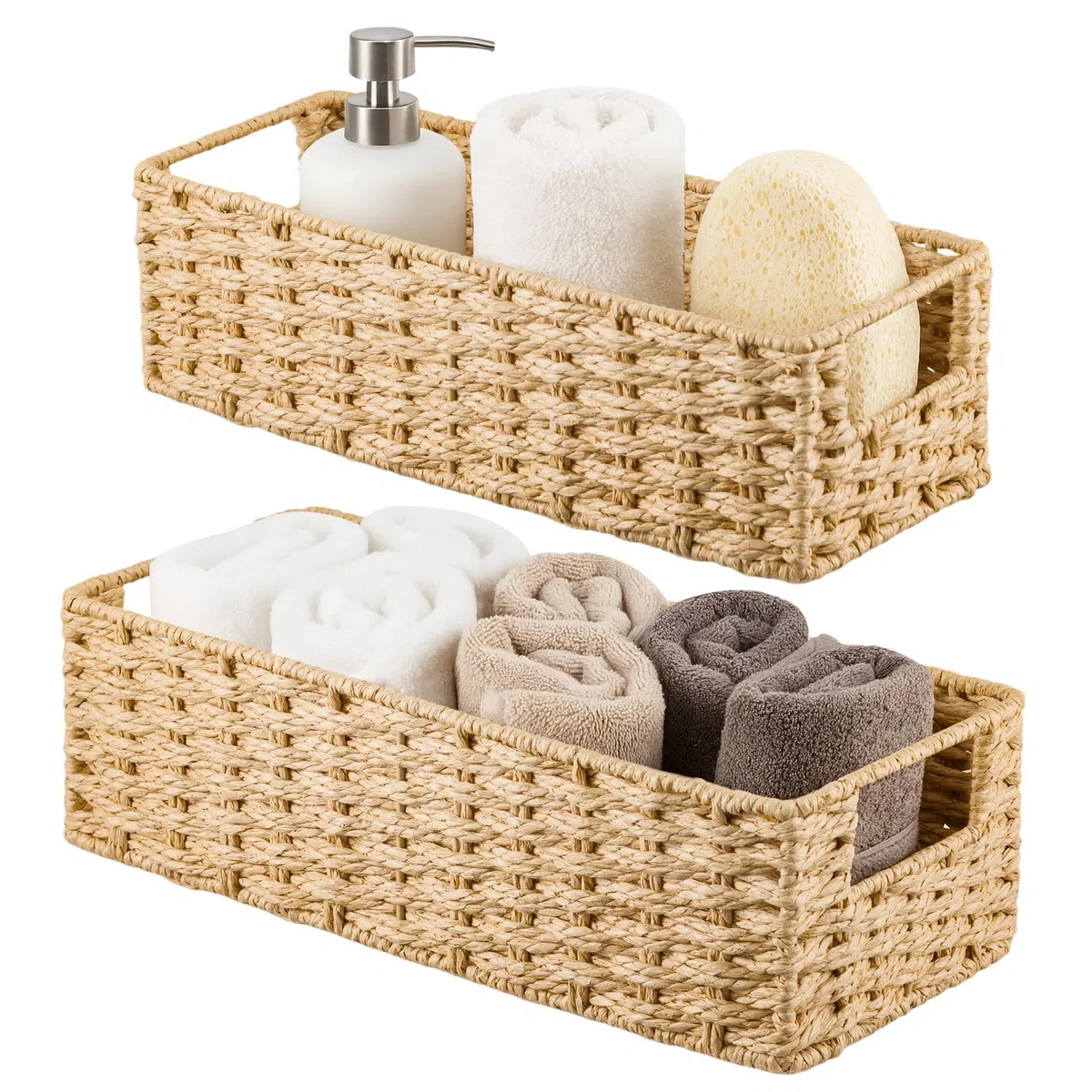 Geflochtene Körbe für Badezimmer – Wäschekörbe mit Stoffeinsatz, Natur-Seegras-Aufbewahrung für Badezimmer, Schlafzimmer & Küche, dekoratives und platzsparendes 2er-Set (2er-Set)