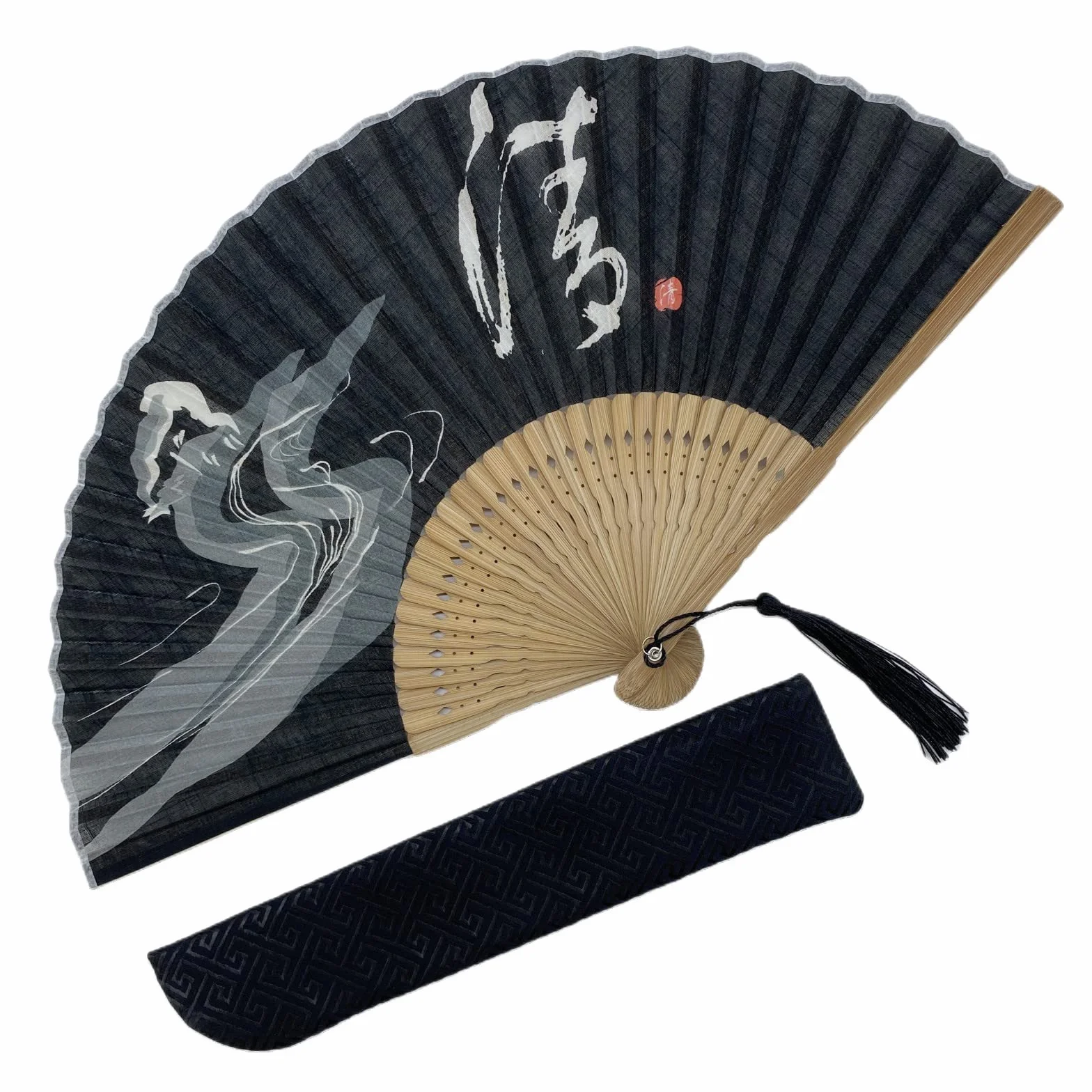 Chinesisches Schriftzeichen Handfächer aus schwarzer mit Geschenktüte ，Bambus-Fächer, Hochzeitsgeschenk 22 * 40cm