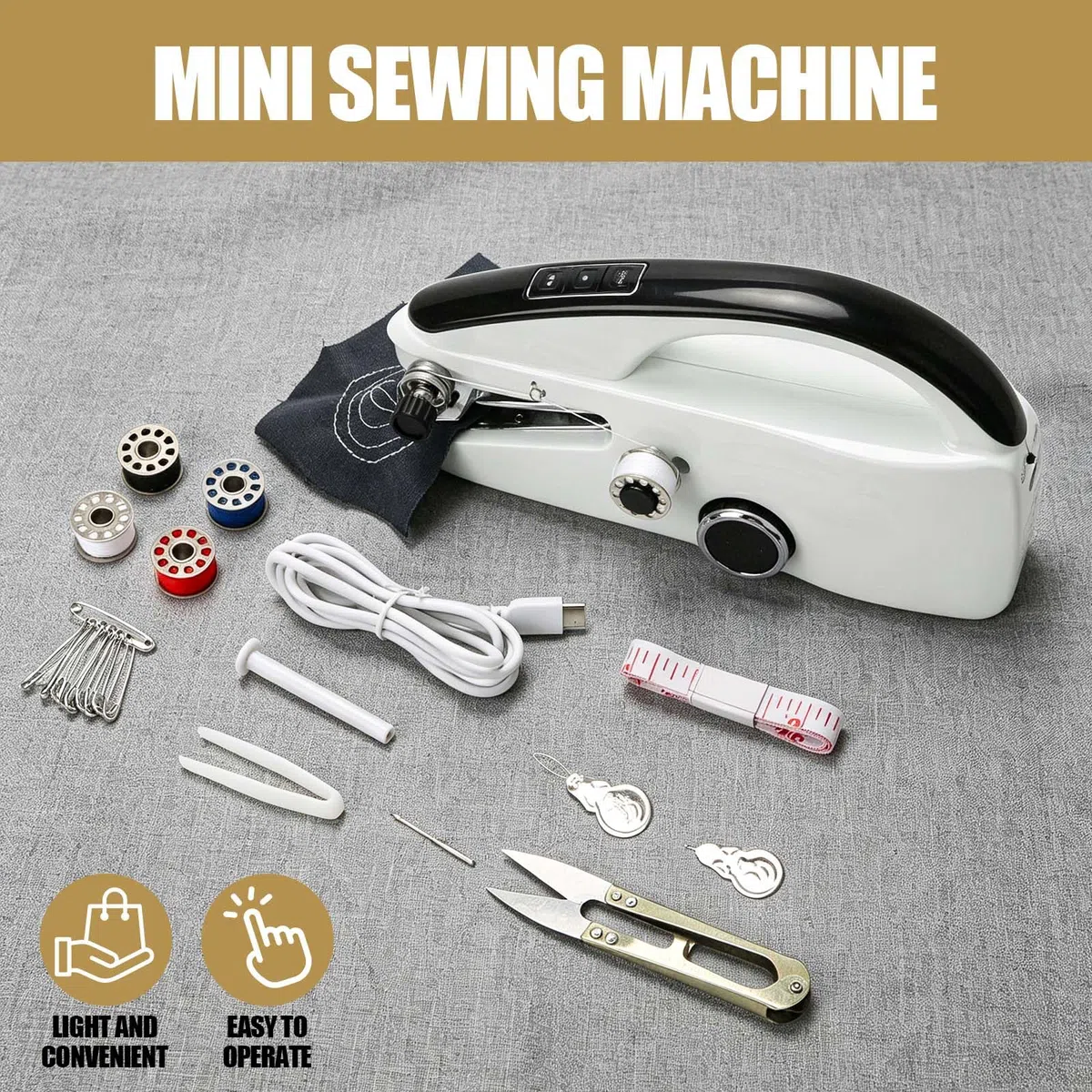Handnähmaschine, Mini Nähmaschine Handheld, Elektrische Tragbare Nähmaschine für Anfänger, Einhand Schnellnäher für Stoff, Kleidung, Reparaturen zu Hause