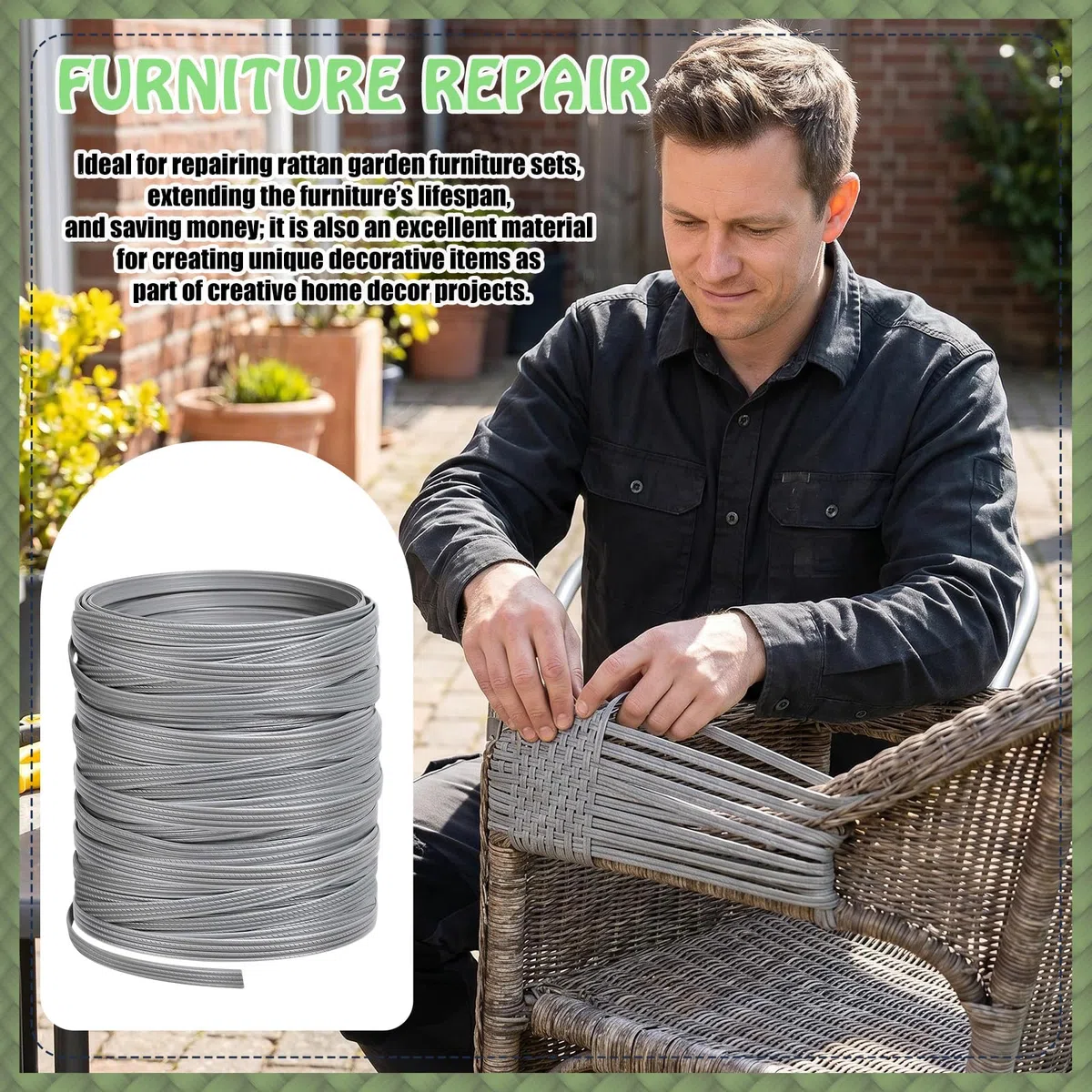 65m Kunststoff Gewebtes Rattan Reparaturmaterial Flach Gewebtes PE-Rattan von Rattanmöbeln Rattanweben für Outdoor Rattan Möbel Reparatur,Rattan-Stuhl, Tischkorb