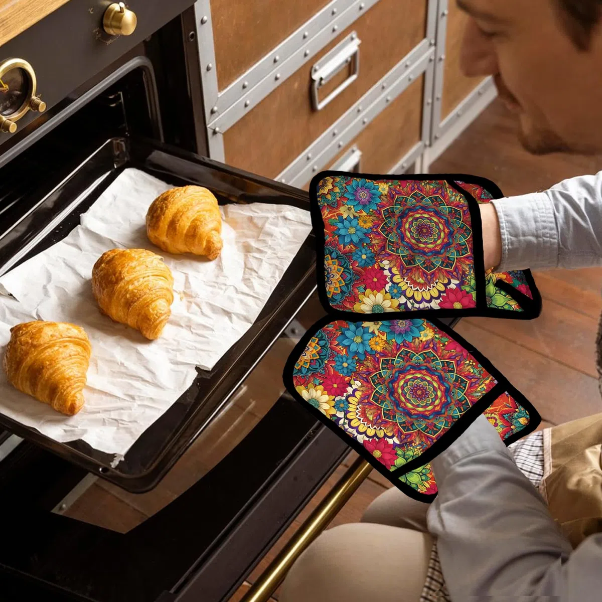 FREEBLOSS 2 Topflappen Aus Baumwolle Hitzebeständig Für Küche Und Backofen Geeignet Mandala Muster 7.9x9.5 Zoll