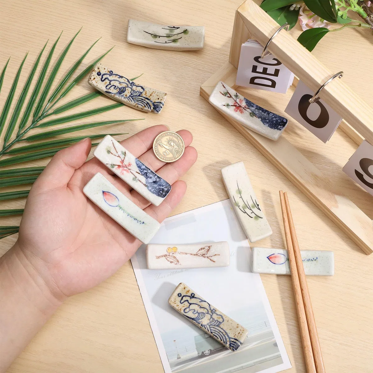 GLOBLELAND 10 Stück Keramik Stäbchen Halter Rechteckiger Japanischer Essstäbchen Halterung Lotus Wellen Niedliche Essstäbchen-Ablage Für Essstäbchen Dinner Party Restaurant