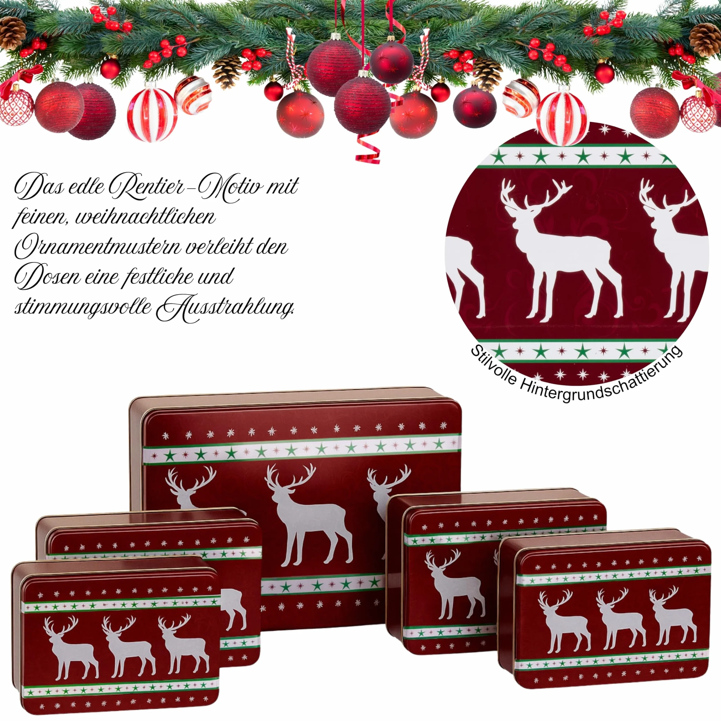 Brandsseller 5er Set Keksdosen aus Metall – Weihnachtsdosen mit Deckel, lebensmittelechte Vorratsdosen für Plätzchen, Gebäck & Kekse – Bordeaux Rentier