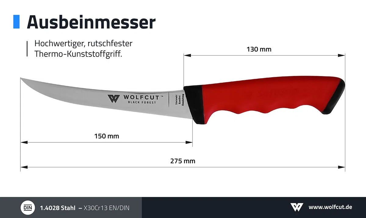 Wolfcut SoftGrip RED-Serie - Metzgermesser-Set 2-tlg. - Ausbeinmesser 15 cm gebogene flex Klinge