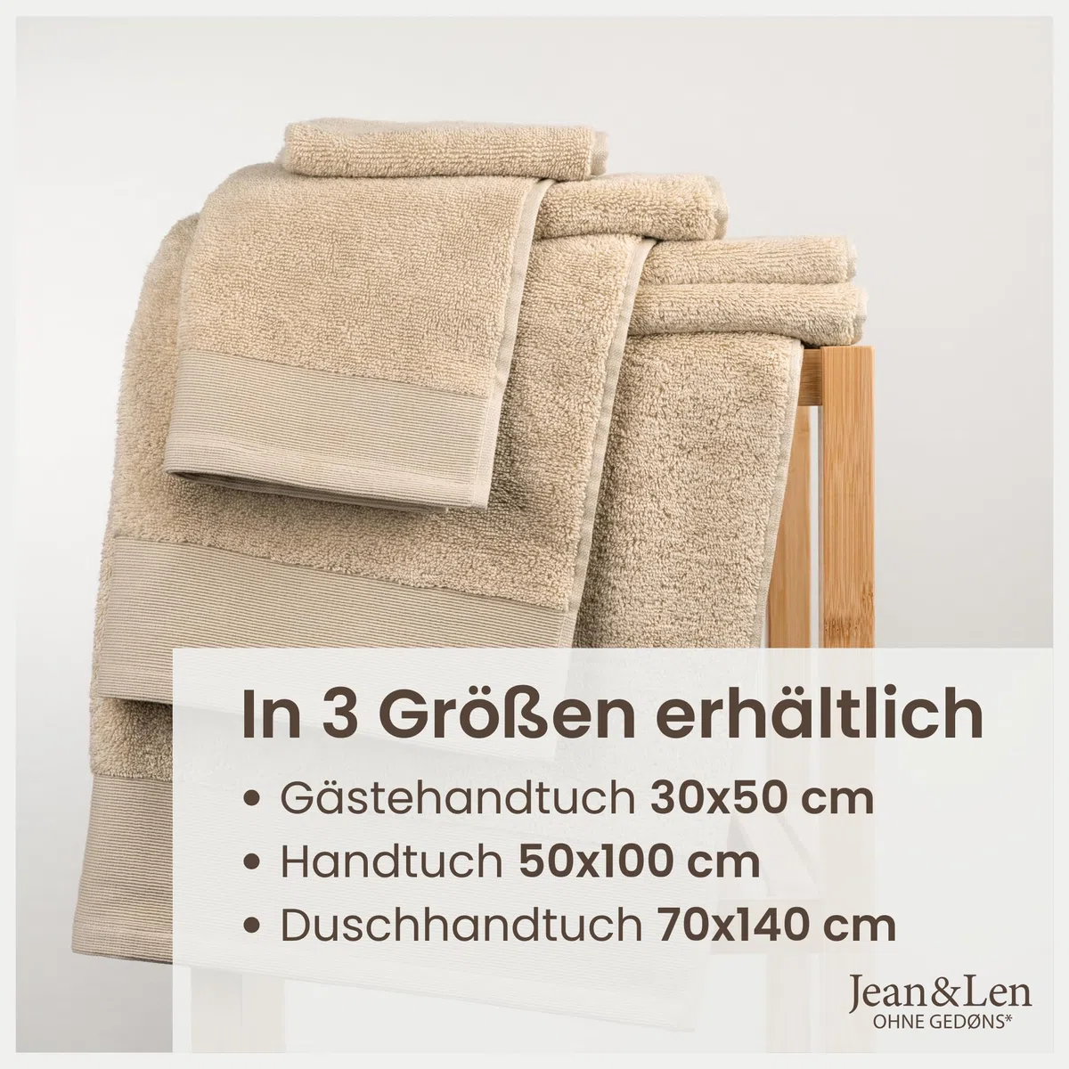 Jean & Len Gästehandtuch Set aus 100% Bio-Baumwolle, in der Farbe beige, mit Aufhänger, Oeko-TEX und GOTS Zertifiziert, Markenlabel aus veganem Leder, 6 x Gästehandtücher 30x50 cm