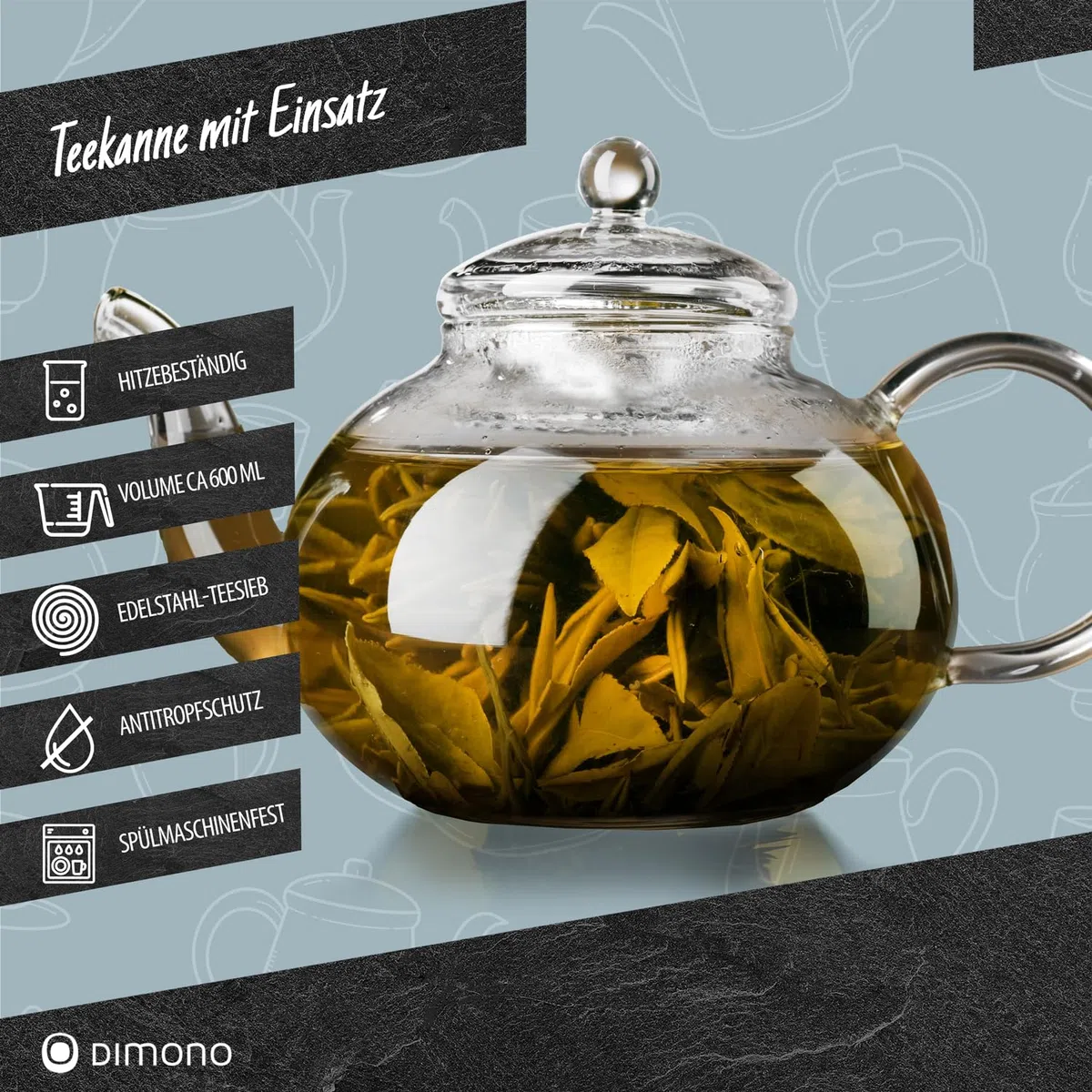 Mundgeblasene Teekanne mit Teefilter & Teesieb Kanne mit Filtereinsatz aus Glas von Dimono; 1500 ml