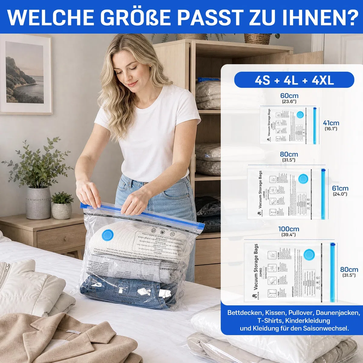 Captainfive Vakuumbeutel für Kleidung und Bettdecken, 12 Stück Vakuumierbeutel 3 Größen ((4*100x80cm + 4*80x61cm + 4*60x41cm), Vacuum Bags for Clothing mit 1 Handpumpe, Aufbewahrungsbeutel