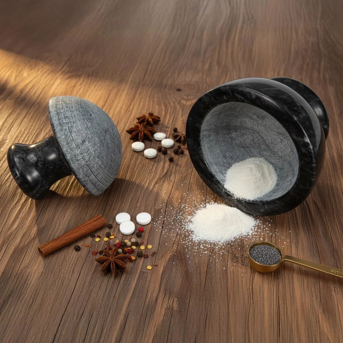 Mörser mit Stößel Marmor 10,2 cm, Kleiner Mörser Set mit Anti-Rutsch Matte & Bürste, Schwer & Stabil, Gewürzmörser für Kräuter, Knoblauch, Gewürze & Tabletten (Mortar and Pestle)