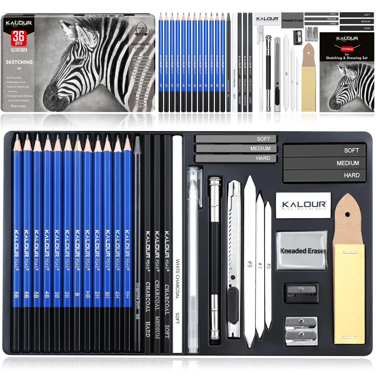 KALOUR PDAS 36-teiliges Zeichenset, Skizzier-Set, Profi-Kunst-Skizzenzubehör, inklusive Tutorial, Graphit, Anthrazit, für Künstler, Erwachsene, Teenager, Anfänger,ideal zum Schattieren