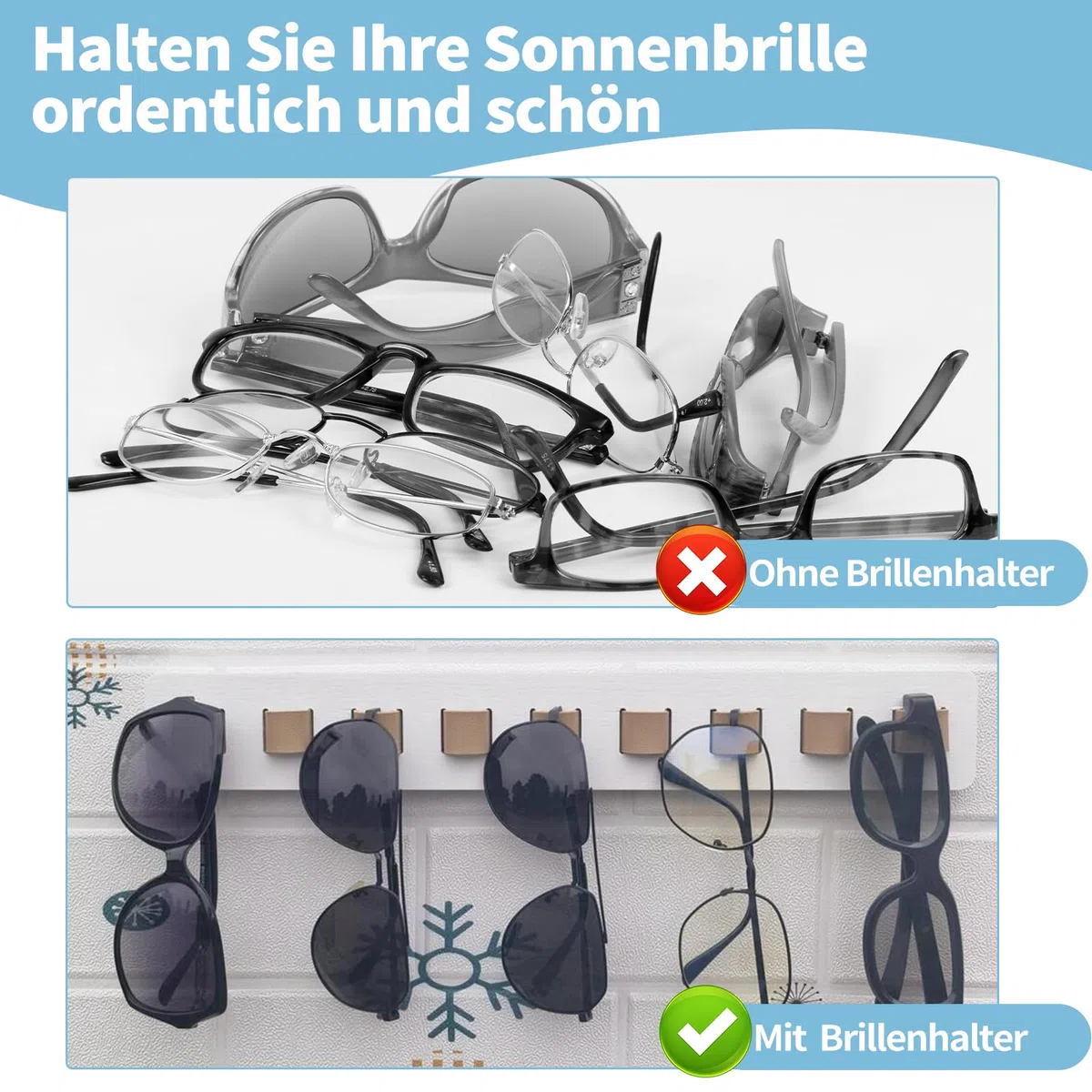 Brillenaufbewahrung mehrere Brillen, Brillenhalter Wand, Brillenständer/Sonnenbrillen Organizer Holz zum Aufhängen der Brille, Brillen-Display, Weiß