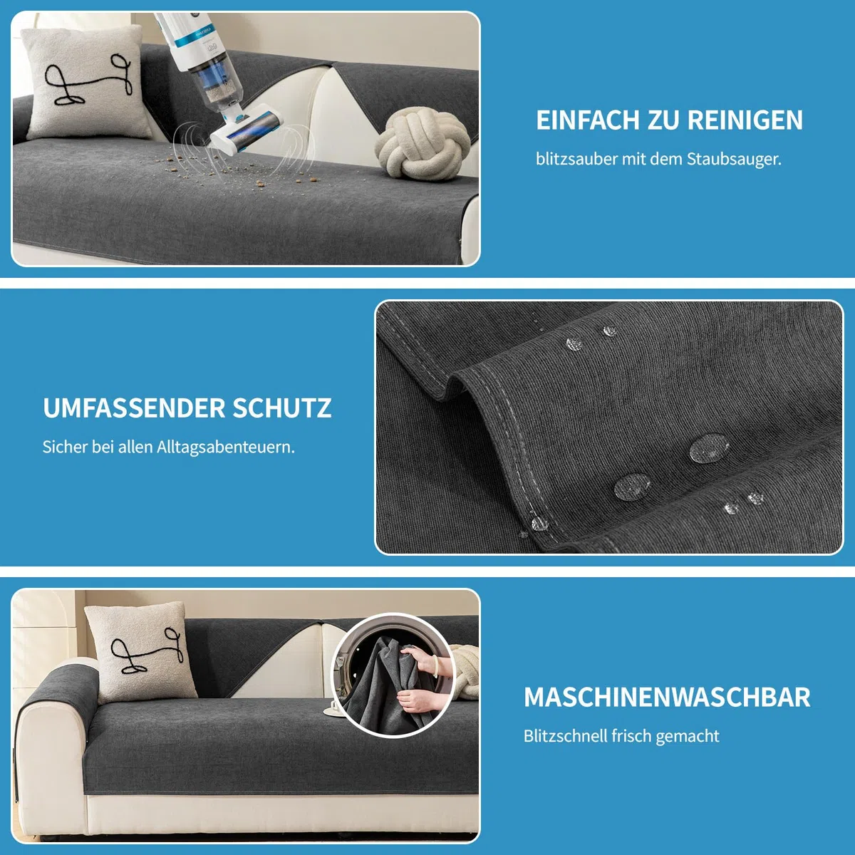 Warmstar Sofa Überzug Wasserdicht Chenille Couch Überzug,Kratzfest Hund Katze Sofabezug,Sofaschoner Rutschfester Sofa Cover 2 3 4 Sitzer für U Form L Form Sektionssofa (Dunkelgrau, 70 * 150cm)