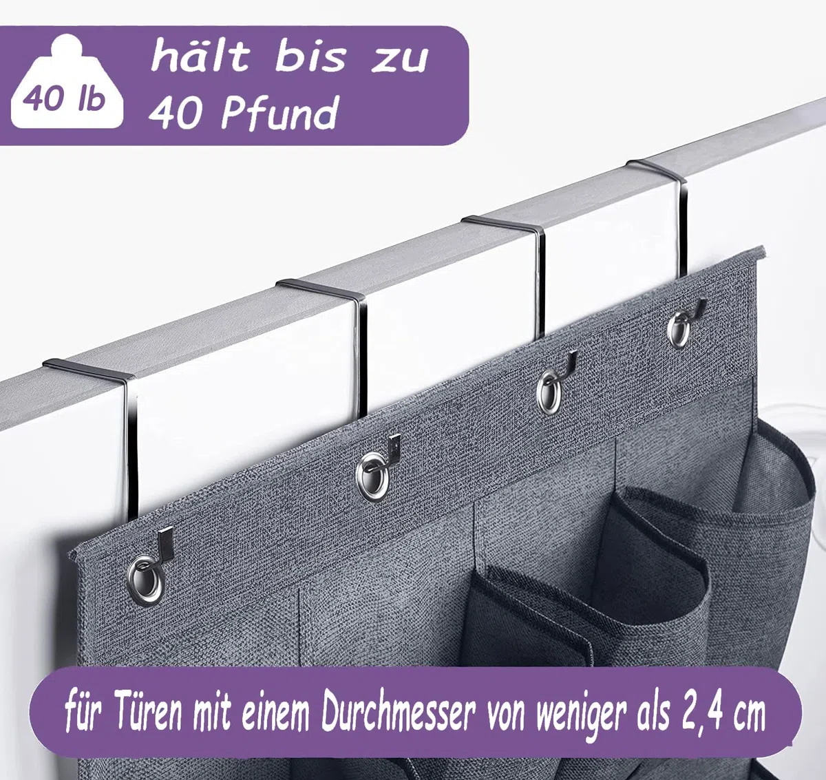 MISSLO 28 Große Taschen über der Tür Schuh-Organizer mit 4 Haken hänge organizer für unterschiedlich breite Türen, hängender schuhaufbewahrung für Schrank schuhhalter Herren, Grau