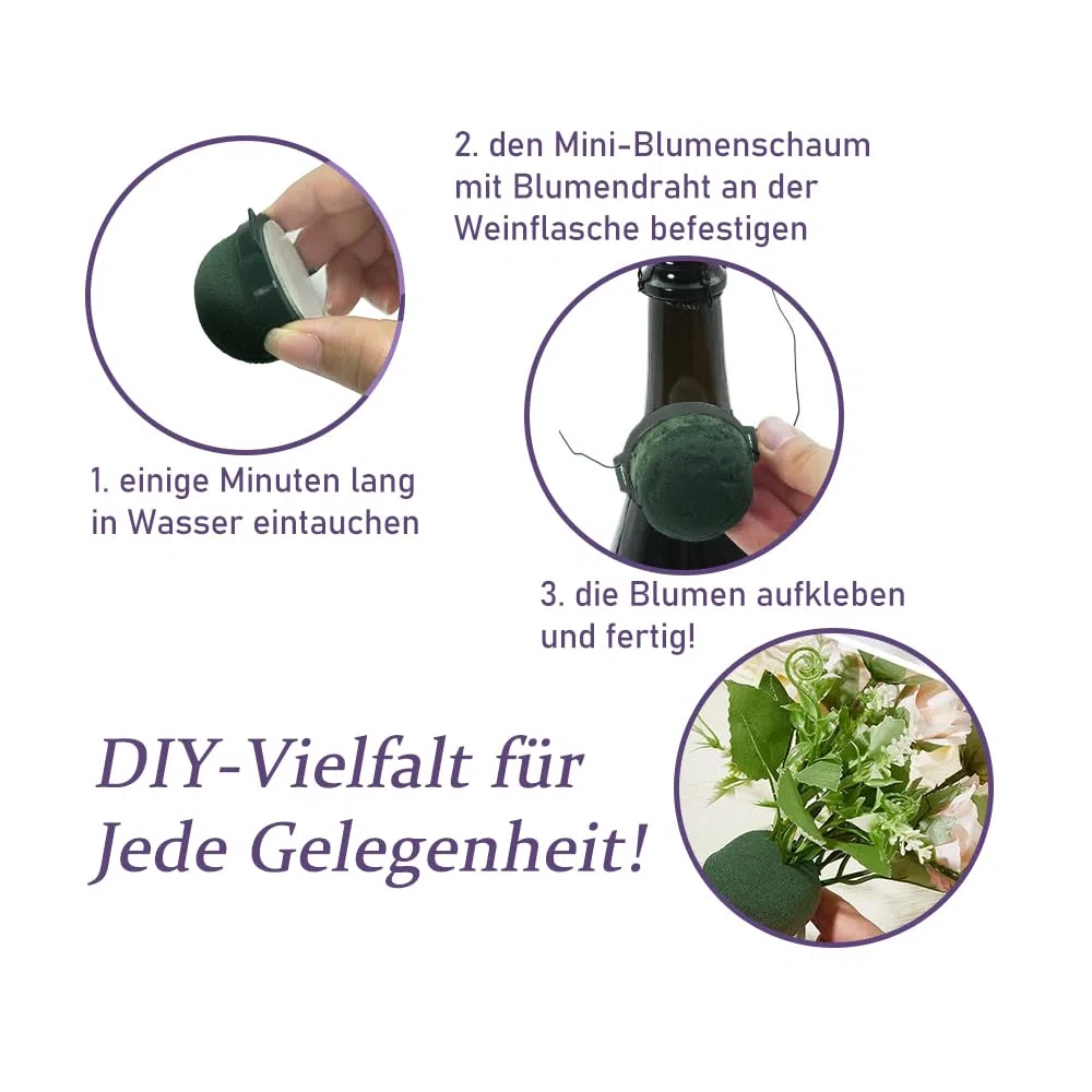 12 Stück Runde Blumensteckschaum, Mini Steckschaum für Blumen mit Grünem Draht, Nasssteckschaum Set für Steckmasse Hochzeitstisch Weinflaschen Partydekoration DIY