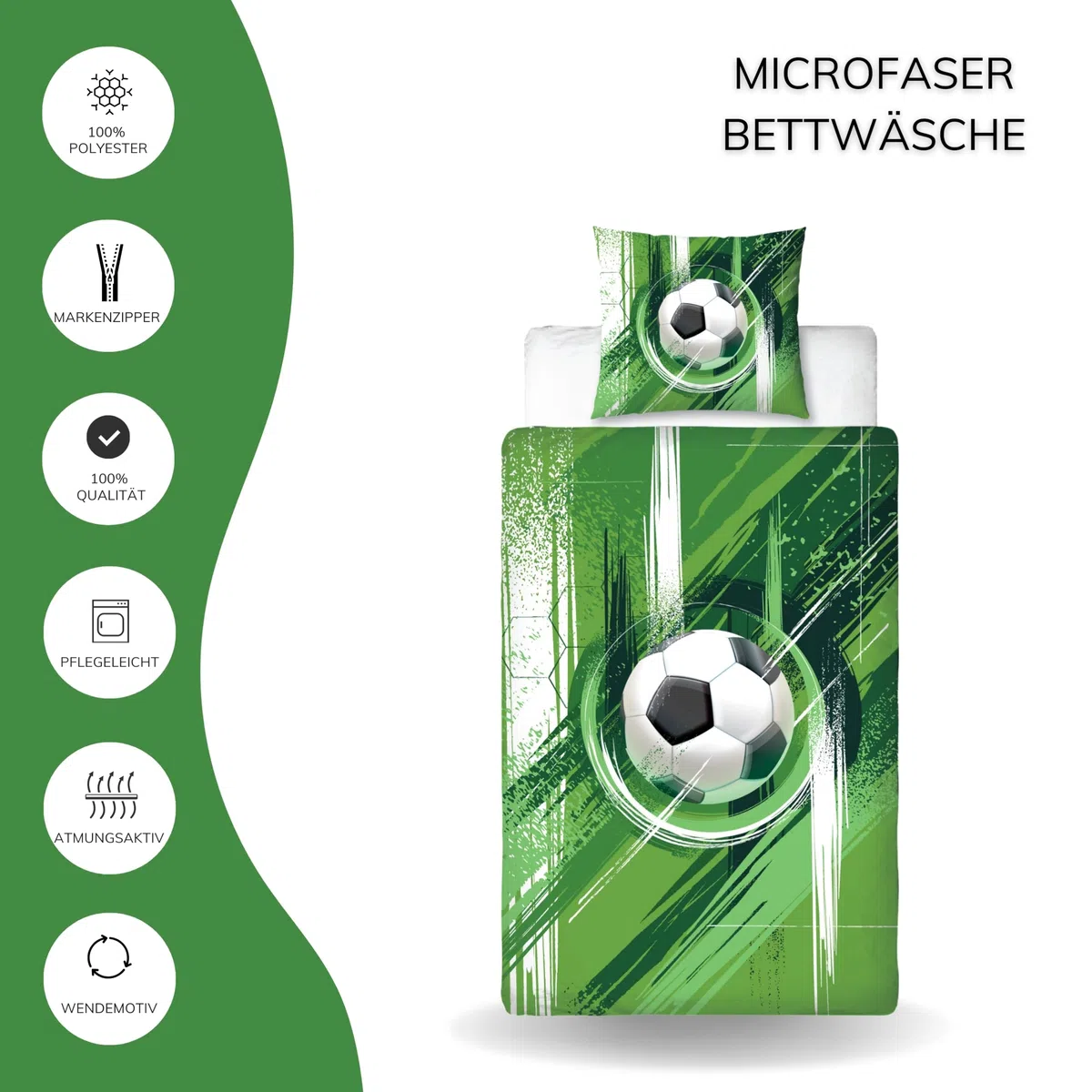MTOnlinehandel Fußball Bettwäsche 135x200, Kinderbettwäsche 80x80 + 135x200, grün Jungenbettwäsche - Öko-Tex Teenager Bettwäsche aus Microfaser, Geschenk Idee für Jungs und Mädchen