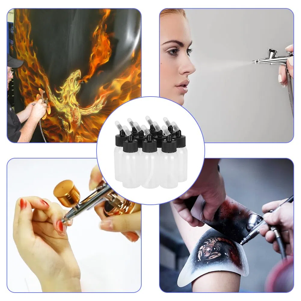 10x30ml Airbrush-Glasflaschen Set,Transparente Leerflaschen aus PP | Farbbehälter für Airbrus Pistolen mit Metallanschluss Zubehör für Modellbau und Lackierung
