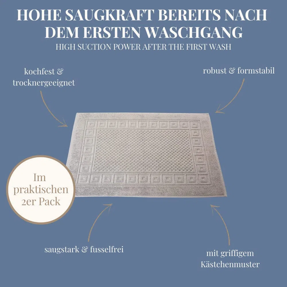 Carenesse Badvorleger 2er Set 50 x 70 cm grau I Saugstarke Badematte aus Baumwolle Hotelqualität Öko-Tex 100 I Duschvorleger Set mit Waffelmuster & Bordüre I dick & fusselfrei