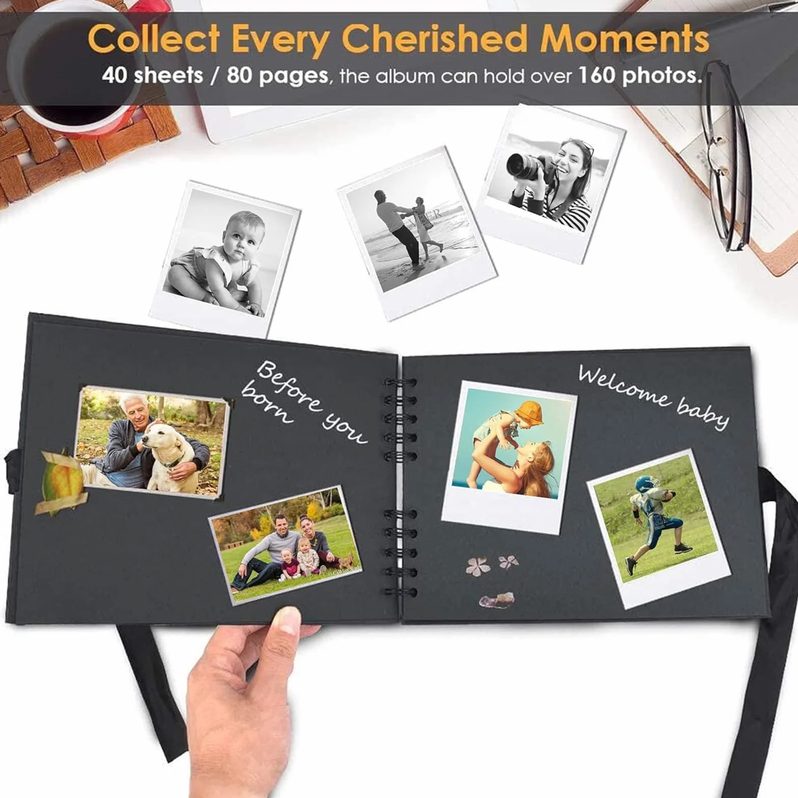 Fotoalbum zum Selbstgestalten 30x21 cm, Fotobuch zum Selbstgestalten mit 80 Schwarze Seiten, Platz für 160 Fotos, DIY Groß Zum Einkleben Scrapbook Set für Jahrestag Valentinstag mit Protektkegeln