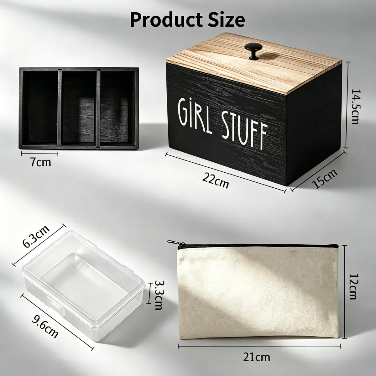 Tampon Aufbewahrungsbox 3 Fächer mit Deckel, Holz Slipeinlagen Box Organizer für Hygiene Artikel Tampons Binden Wattestäbchen inkl. Make-Up Tasche