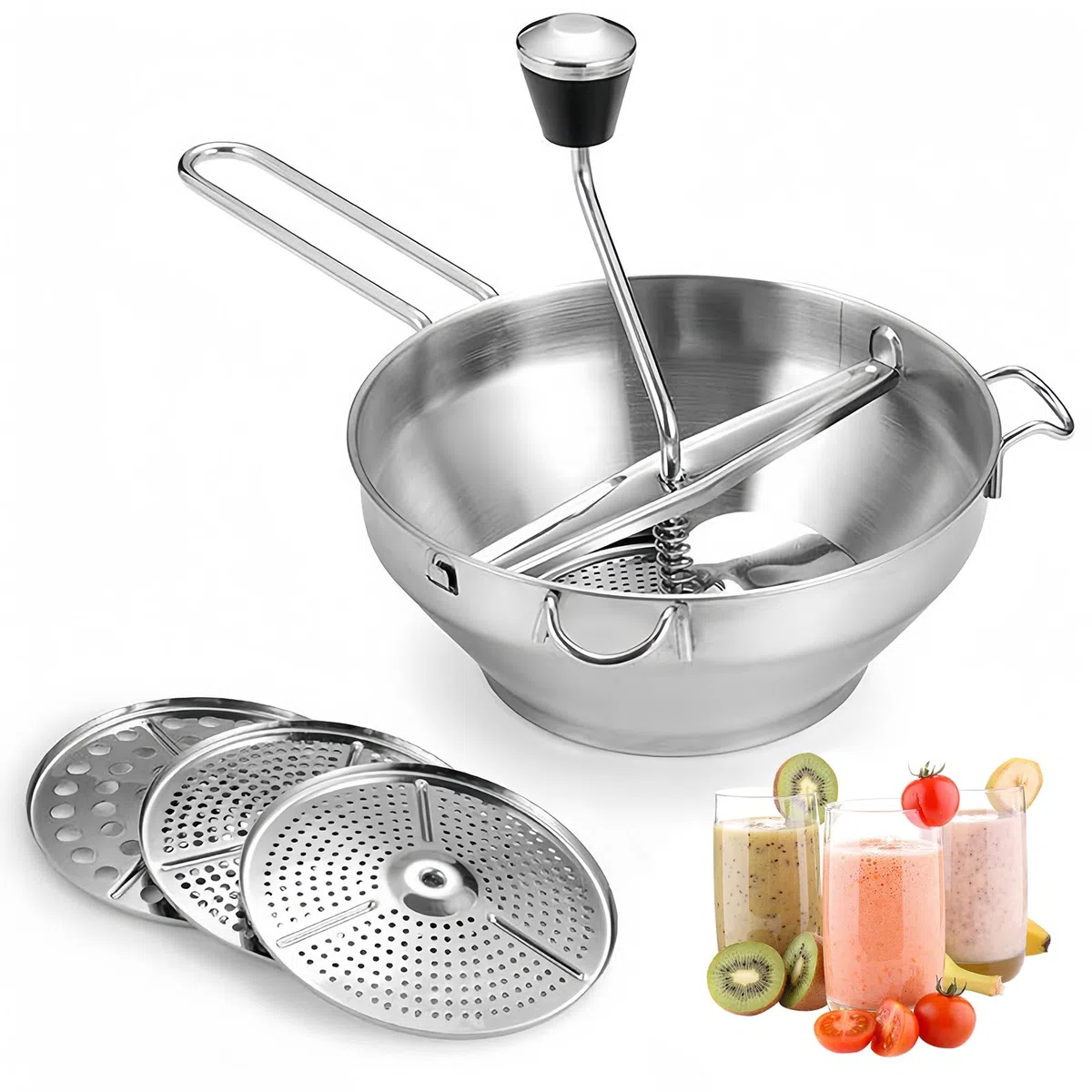 Gemüsemühle, manuell, Lebensmittelmühle aus Edelstahl mit 3 Siebenschichten, Kartoffelstampfer, Küchenmühle für Soße, Püree, Marmelade, Babynahrung